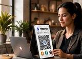 Shop owner holding a Zapapa QR code at the counter