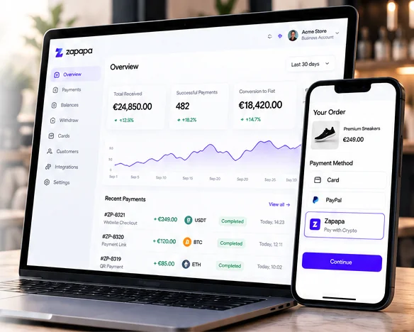 Laptop with the Zapapa business dashboard showing received payments, and a phone checkout with Zapapa selected as payment method