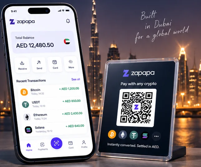 Zapapa app on a phone showing an AED balance, next to a Zapapa QR payment stand, in front of the Dubai skyline at night