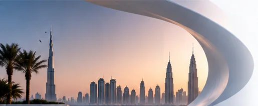 Dubai skyline with the Burj Khalifa at sunset, framed by a curved white architectural form