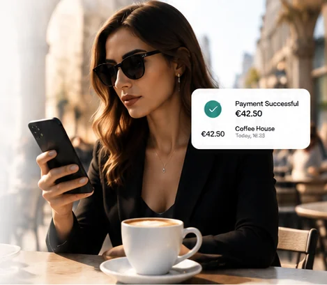 Woman at a café checking her phone after a successful €42.50 Zapapa card payment at a coffee house